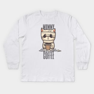 Mummy Needs More Coffee | Halloween Cat Holding Cup Kids Long Sleeve T-Shirt